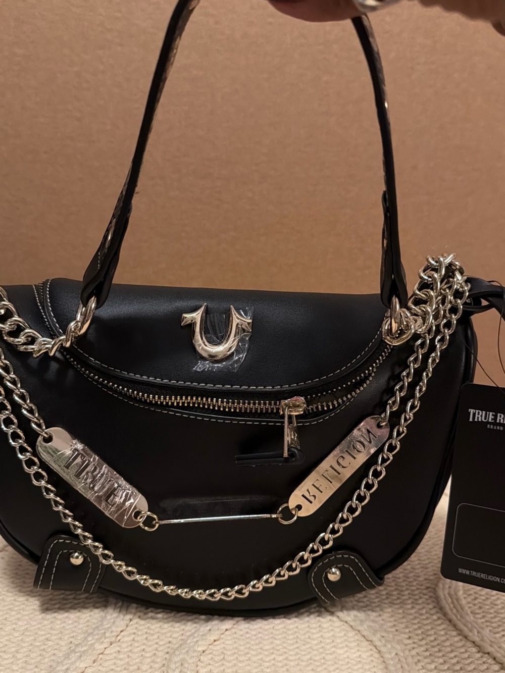 True Religion Black Saddle Shoulder Bag with Silver Chains - Picture 2 of 5